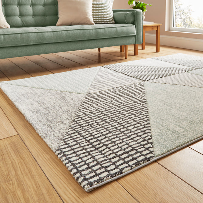 Catherine Lansfield Larsson Geo Modern Abstract Durable Easy-Care Carved High Density Polyproplyene Light Sage Green/Grey Rug