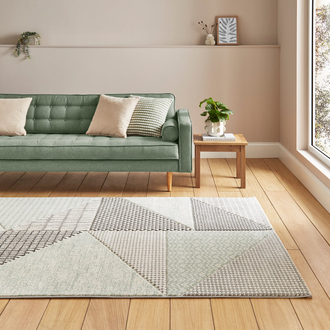 Catherine Lansfield Larsson Geo Modern Abstract Durable Easy-Care Carved High Density Polyproplyene Light Sage Green/Grey Rug
