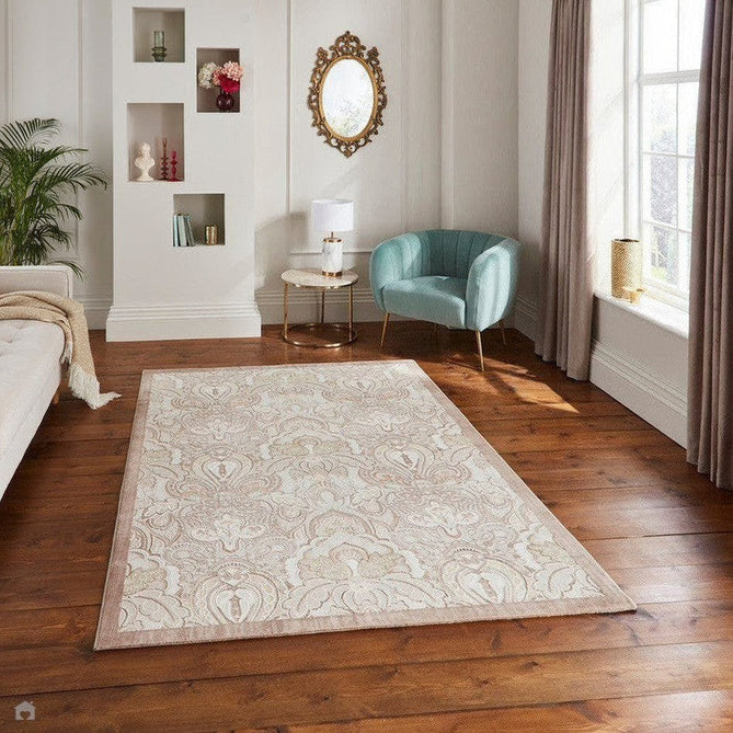 Laurence Llewelyn-Bowen Damask Modern Floral Ornate Abstract Border Metallic Shimmer Hi-Lo Textured Soft-Touch Polyester Low Profile Short Pile Bronze Rug-Think Rugs-Rug Love - The Most Loved Rug Store