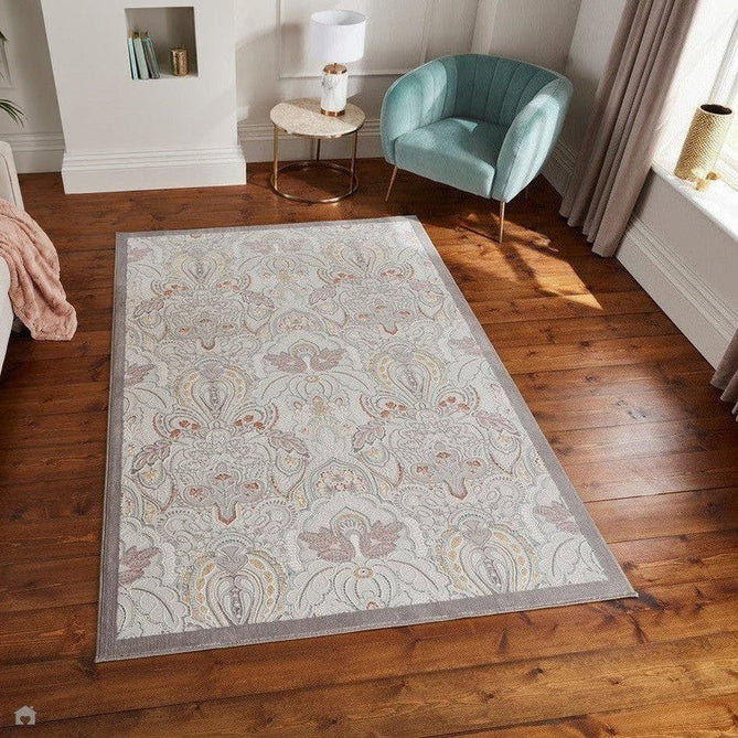 Laurence Llewelyn-Bowen Damask Modern Floral Ornate Abstract Border Metallic Shimmer Hi-Lo Textured Soft-Touch Polyester Low Profile Short Pile Pearl/Grey Rug-Think Rugs-Rug Love - The Most Loved Rug Store