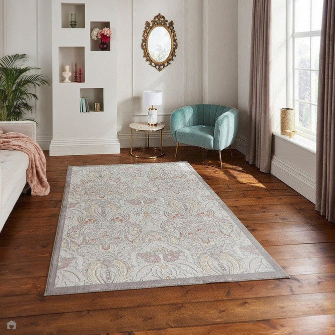 Laurence Llewelyn-Bowen Damask Modern Floral Ornate Abstract Border Metallic Shimmer Hi-Lo Textured Soft-Touch Polyester Low Profile Short Pile Pearl/Grey Rug-Think Rugs-Rug Love - The Most Loved Rug Store