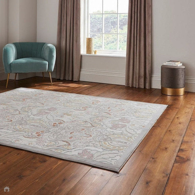 Laurence Llewelyn-Bowen Damask Modern Floral Ornate Abstract Border Metallic Shimmer Hi-Lo Textured Soft-Touch Polyester Low Profile Short Pile Pearl/Grey Rug-Think Rugs-Rug Love - The Most Loved Rug Store