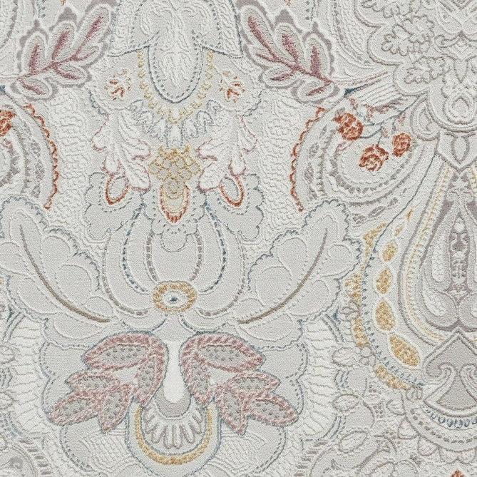 Laurence Llewelyn-Bowen Damask Modern Floral Ornate Abstract Border Metallic Shimmer Hi-Lo Textured Soft-Touch Polyester Low Profile Short Pile Pearl/Grey Rug-Think Rugs-Rug Love - The Most Loved Rug Store