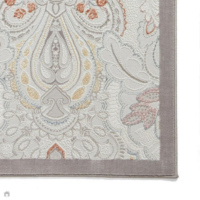 Laurence Llewelyn-Bowen Damask Modern Floral Ornate Abstract Border Metallic Shimmer Hi-Lo Textured Soft-Touch Polyester Low Profile Short Pile Pearl/Grey Rug-Think Rugs-Rug Love - The Most Loved Rug Store