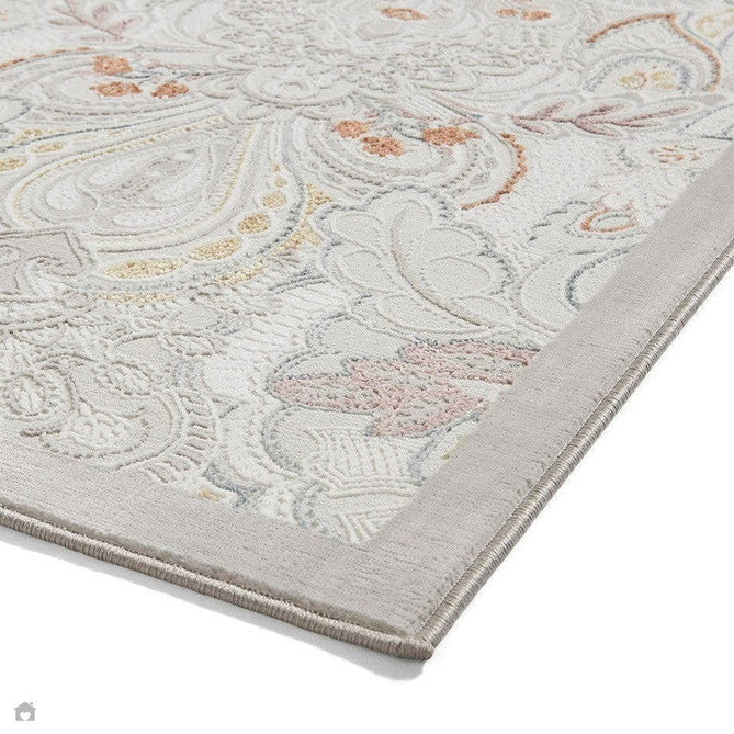Laurence Llewelyn-Bowen Damask Modern Floral Ornate Abstract Border Metallic Shimmer Hi-Lo Textured Soft-Touch Polyester Low Profile Short Pile Pearl/Grey Rug-Think Rugs-Rug Love - The Most Loved Rug Store