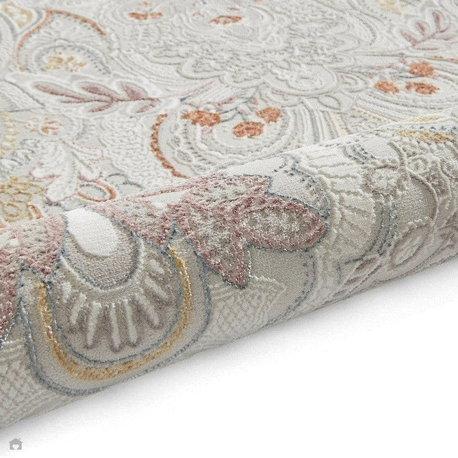Laurence Llewelyn-Bowen Damask Modern Floral Ornate Abstract Border Metallic Shimmer Hi-Lo Textured Soft-Touch Polyester Low Profile Short Pile Pearl/Grey Rug-Think Rugs-Rug Love - The Most Loved Rug Store
