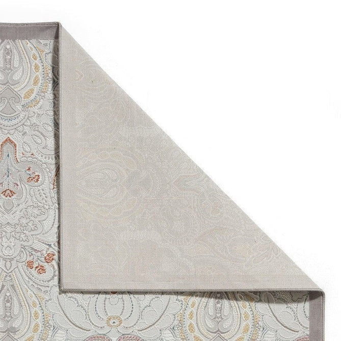 Laurence Llewelyn-Bowen Damask Modern Floral Ornate Abstract Border Metallic Shimmer Hi-Lo Textured Soft-Touch Polyester Low Profile Short Pile Pearl/Grey Rug-Think Rugs-Rug Love - The Most Loved Rug Store