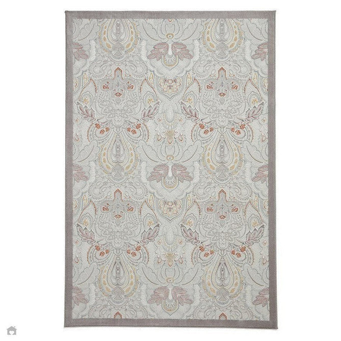 Laurence Llewelyn-Bowen Damask Modern Floral Ornate Abstract Border Metallic Shimmer Hi-Lo Textured Soft-Touch Polyester Low Profile Short Pile Pearl/Grey Rug-Think Rugs-Rug Love - The Most Loved Rug Store