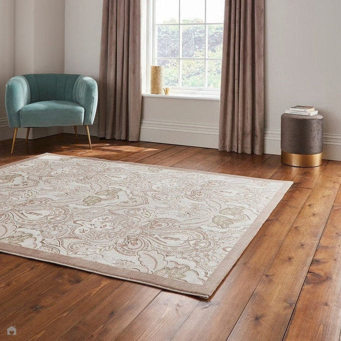 Laurence Llewelyn-Bowen Damask Modern Floral Ornate Abstract Border Metallic Shimmer Soft-Touch Smooth Textured Polyester Low Profile Short Pile Beige/Bronze/Blush/Terracotta Rug-Think Rugs-Rug Love - The Most Loved Rug Store