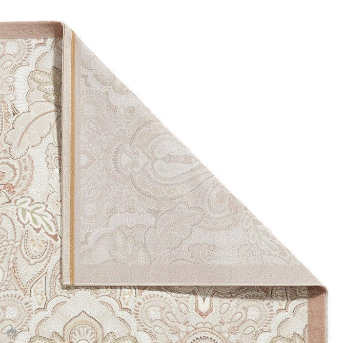 Laurence Llewelyn-Bowen Damask Modern Floral Ornate Abstract Border Metallic Shimmer Soft-Touch Smooth Textured Polyester Low Profile Short Pile Beige/Bronze/Blush/Terracotta Rug-Think Rugs-Rug Love - The Most Loved Rug Store