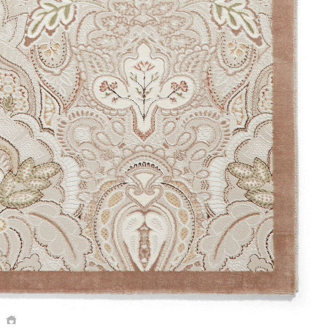 Laurence Llewelyn-Bowen Damask Modern Floral Ornate Abstract Border Metallic Shimmer Soft-Touch Smooth Textured Polyester Low Profile Short Pile Beige/Bronze/Blush/Terracotta Rug-Think Rugs-Rug Love - The Most Loved Rug Store