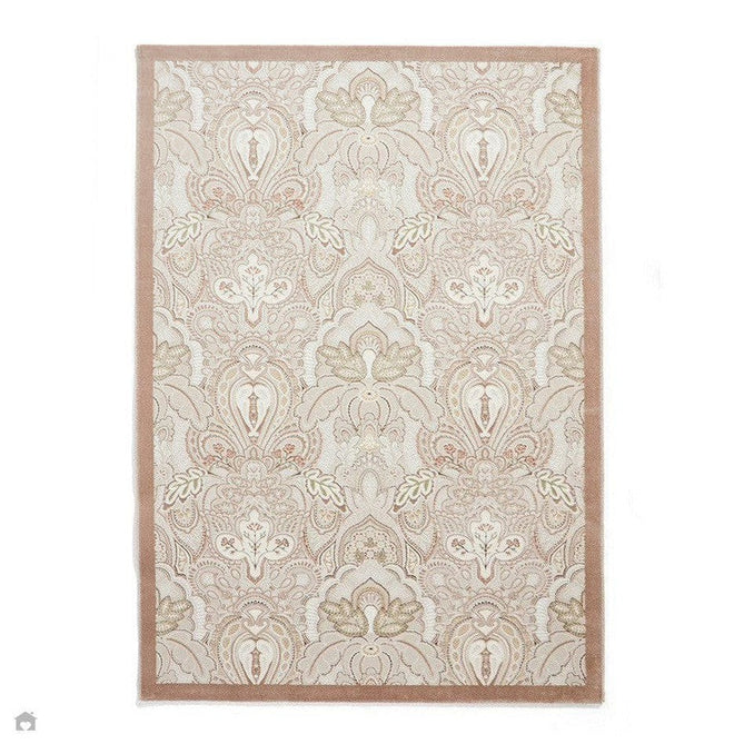 Laurence Llewelyn-Bowen Damask Modern Floral Ornate Abstract Border Metallic Shimmer Soft-Touch Smooth Textured Polyester Low Profile Short Pile Beige/Bronze/Blush/Terracotta Rug-Think Rugs-Rug Love - The Most Loved Rug Store
