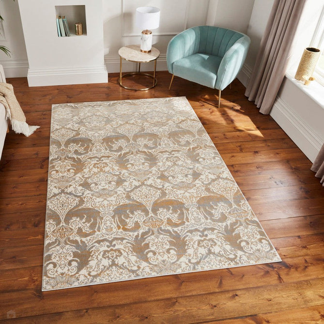 Laurence Llewelyn-Bowen Imperial Modern Floral Ornate Abstract Metallic Shimmer Hi-Lo Textured Soft-Touch Polyester Low Profile Short Pile Gold Rug-Think Rugs-Rug Love - The Most Loved Rug Store