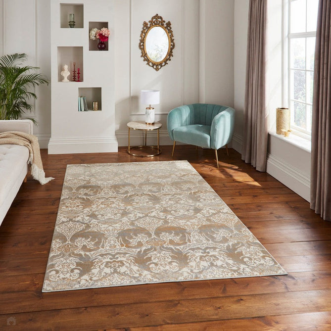 Laurence Llewelyn-Bowen Imperial Modern Floral Ornate Abstract Metallic Shimmer Hi-Lo Textured Soft-Touch Polyester Low Profile Short Pile Gold Rug-Think Rugs-Rug Love - The Most Loved Rug Store
