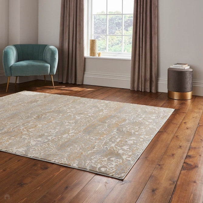 Laurence Llewelyn-Bowen Imperial Modern Floral Ornate Abstract Metallic Shimmer Hi-Lo Textured Soft-Touch Polyester Low Profile Short Pile Gold Rug-Think Rugs-Rug Love - The Most Loved Rug Store