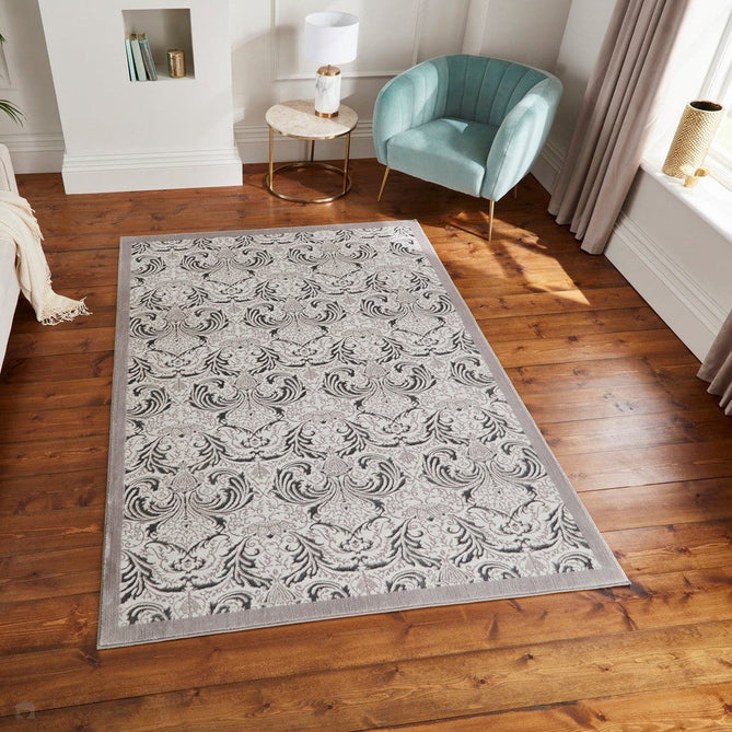 Laurence Llewelyn-Bowen Imperial Modern Floral Ornate Abstract Metallic Shimmer Hi-Lo Textured Soft-Touch Polyester Low Profile Short Pile Silver Rug-Think Rugs-Rug Love - The Most Loved Rug Store