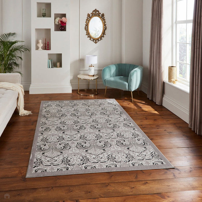 Laurence Llewelyn-Bowen Imperial Modern Floral Ornate Abstract Metallic Shimmer Hi-Lo Textured Soft-Touch Polyester Low Profile Short Pile Silver Rug-Think Rugs-Rug Love - The Most Loved Rug Store