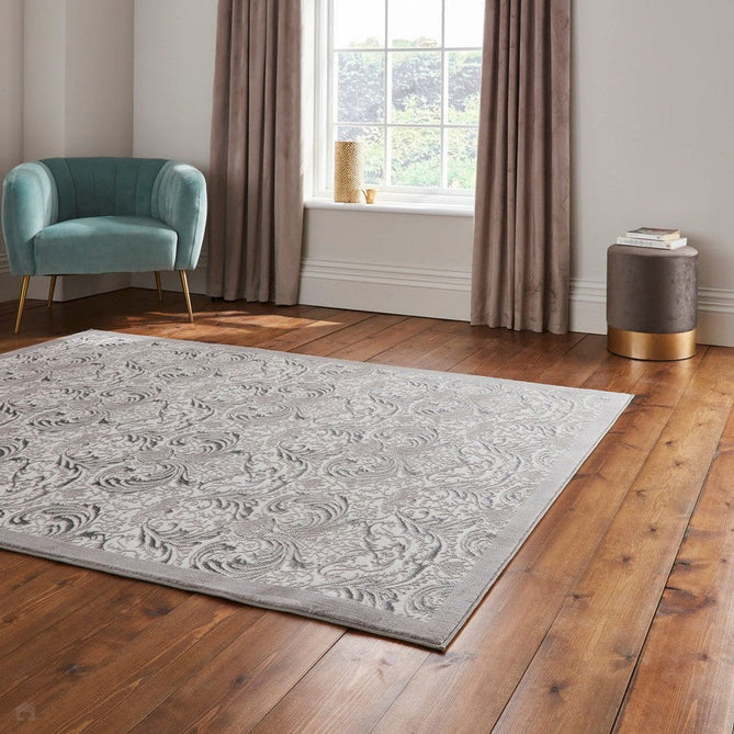 Laurence Llewelyn-Bowen Imperial Modern Floral Ornate Abstract Metallic Shimmer Hi-Lo Textured Soft-Touch Polyester Low Profile Short Pile Silver Rug-Think Rugs-Rug Love - The Most Loved Rug Store