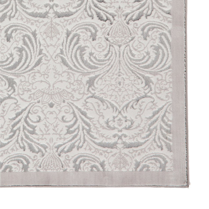 Laurence Llewelyn-Bowen Imperial Modern Floral Ornate Abstract Metallic Shimmer Hi-Lo Textured Soft-Touch Polyester Low Profile Short Pile Silver Rug-Think Rugs-Rug Love - The Most Loved Rug Store