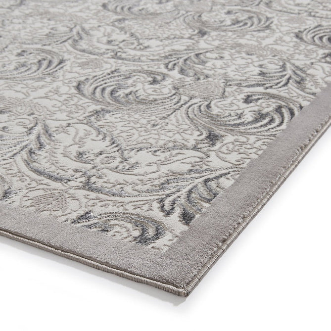 Laurence Llewelyn-Bowen Imperial Modern Floral Ornate Abstract Metallic Shimmer Hi-Lo Textured Soft-Touch Polyester Low Profile Short Pile Silver Rug-Think Rugs-Rug Love - The Most Loved Rug Store