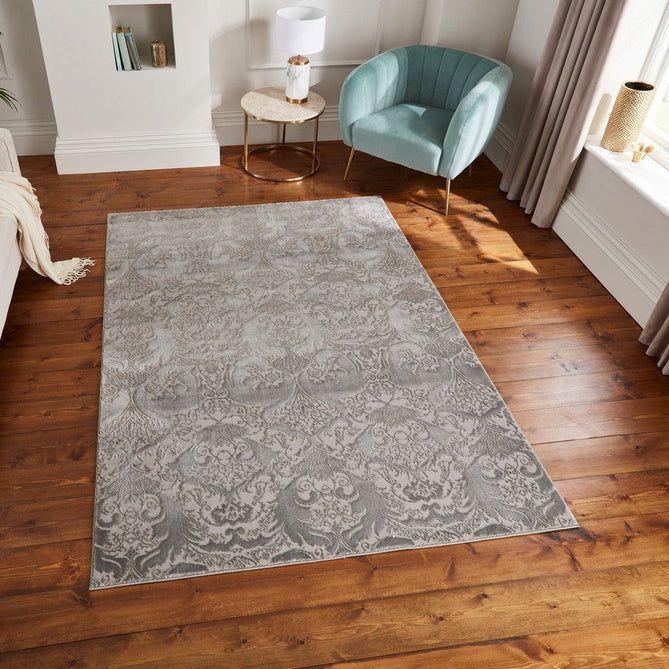 Laurence Llewelyn-Bowen Imperial Modern Floral Ornate Abstract Metallic Shimmer Hi-Lo Textured Soft-Touch Polyester Low Profile Short Pile Slate Rug-Think Rugs-Rug Love - The Most Loved Rug Store