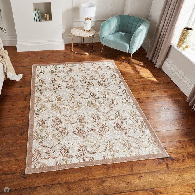 Laurence Llewelyn-Bowen Imperial Modern Floral Ornate Abstract Metallic Shimmer Soft-Touch Smooth Textured Polyester Short Pile Beige/Bronze/Blush/Terracotta Rug-Think Rugs-Rug Love - The Most Loved Rug Store