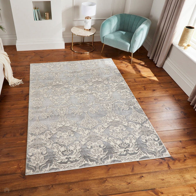 Laurence Llewelyn-Bowen Imperial Modern Floral Ornate Abstract Metallic Shimmer Soft-Touch Smooth Textured Polyester Short Pile Cool Grey/Charcoal Grey/Ivory Rug-Think Rugs-Rug Love - The Most Loved Rug Store