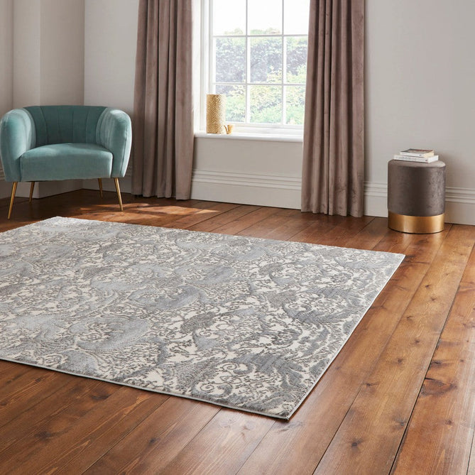 Laurence Llewelyn-Bowen Imperial Modern Floral Ornate Abstract Metallic Shimmer Soft-Touch Smooth Textured Polyester Short Pile Cool Grey/Charcoal Grey/Ivory Rug-Think Rugs-Rug Love - The Most Loved Rug Store