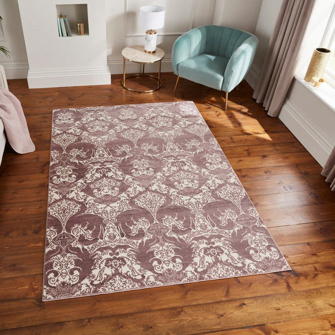 Laurence Llewelyn-Bowen Imperial Modern Floral Ornate Abstract Metallic Shimmer Soft-Touch Smooth Textured Polyester Short Pile Rich Wine/Deep Mauve/Ivory Rug-Think Rugs-Rug Love - The Most Loved Rug Store
