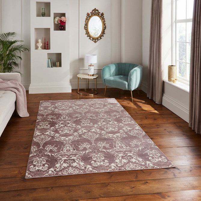 Laurence Llewelyn-Bowen Imperial Modern Floral Ornate Abstract Metallic Shimmer Soft-Touch Smooth Textured Polyester Short Pile Rich Wine/Deep Mauve/Ivory Rug-Think Rugs-Rug Love - The Most Loved Rug Store