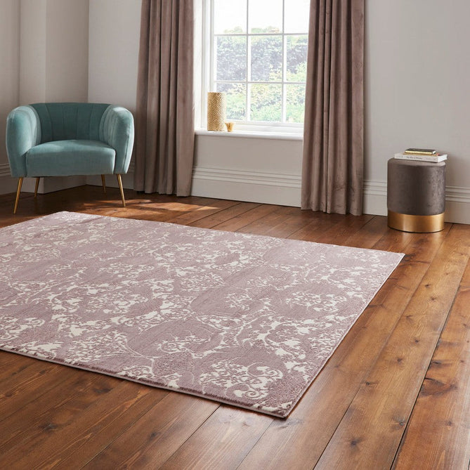 Laurence Llewelyn-Bowen Imperial Modern Floral Ornate Abstract Metallic Shimmer Soft-Touch Smooth Textured Polyester Short Pile Rich Wine/Deep Mauve/Ivory Rug-Think Rugs-Rug Love - The Most Loved Rug Store