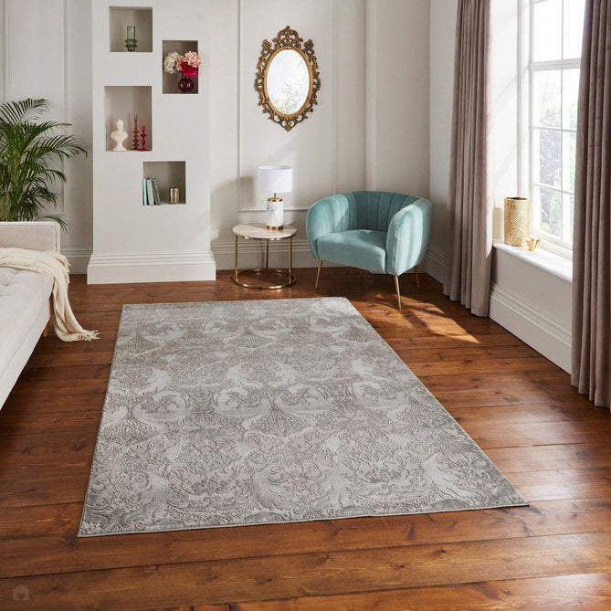 Laurence Llewelyn-Bowen Imperial Modern Floral Ornate Abstract Metallic Shimmer Soft-Touch Smooth Textured Polyester Short Pile Slate Grey/Charcoal Grey/Ivory Rug-Think Rugs-Rug Love - The Most Loved Rug Store