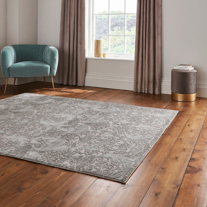 Laurence Llewelyn-Bowen Imperial Modern Floral Ornate Abstract Metallic Shimmer Soft-Touch Smooth Textured Polyester Short Pile Slate Grey/Charcoal Grey/Ivory Rug-Think Rugs-Rug Love - The Most Loved Rug Store