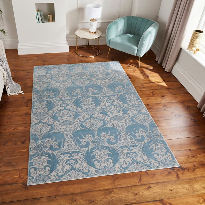Laurence Llewelyn-Bowen Imperial Modern Floral Ornate Abstract Metallic Shimmer Soft-Touch Smooth Textured Polyester Short Pile Soft Blue/Sky Blue/Ivory Rug-Think Rugs-Rug Love - The Most Loved Rug Store