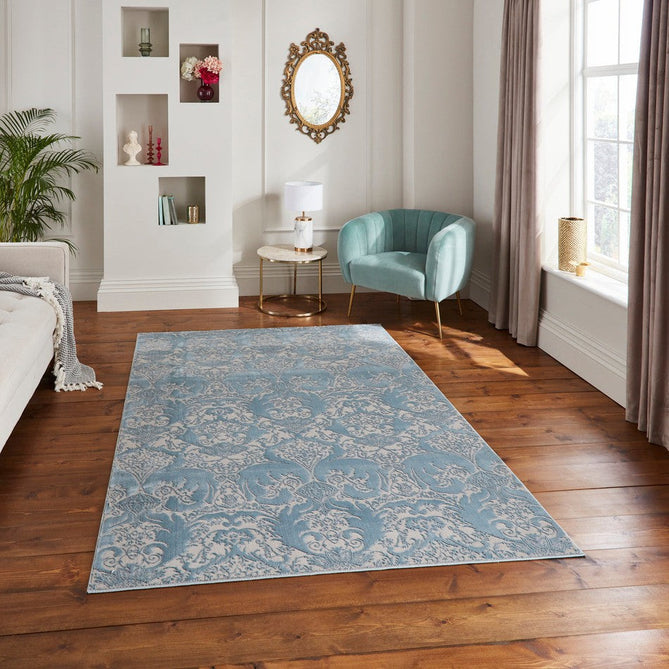 Laurence Llewelyn-Bowen Imperial Modern Floral Ornate Abstract Metallic Shimmer Soft-Touch Smooth Textured Polyester Short Pile Soft Blue/Sky Blue/Ivory Rug-Think Rugs-Rug Love - The Most Loved Rug Store