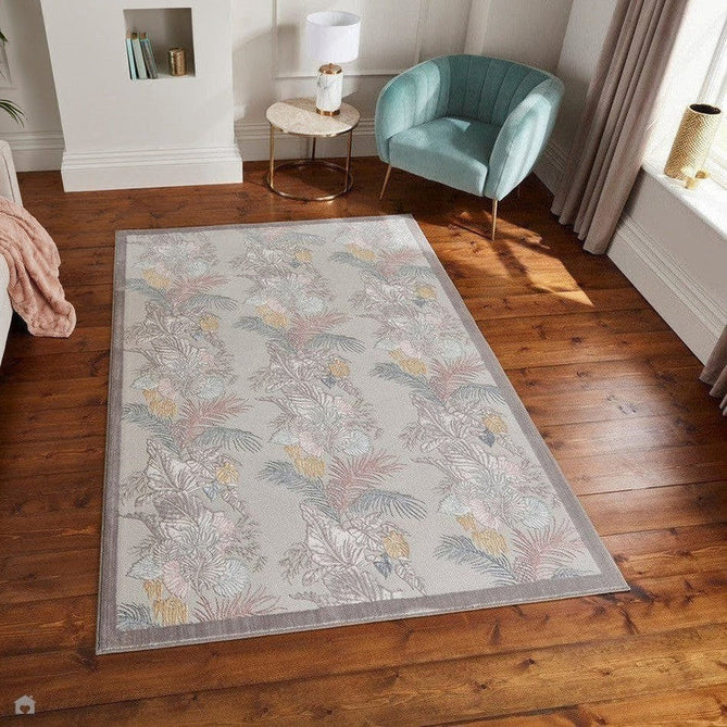 Laurence Llewelyn-Bowen Tropicana Modern Floral Ornate Abstract Border Metallic Shimmer Hi-Lo Textured Soft-Touch Polyester Low Profile Short Pile Pearl/Grey Rug-Think Rugs-Rug Love - The Most Loved Rug Store