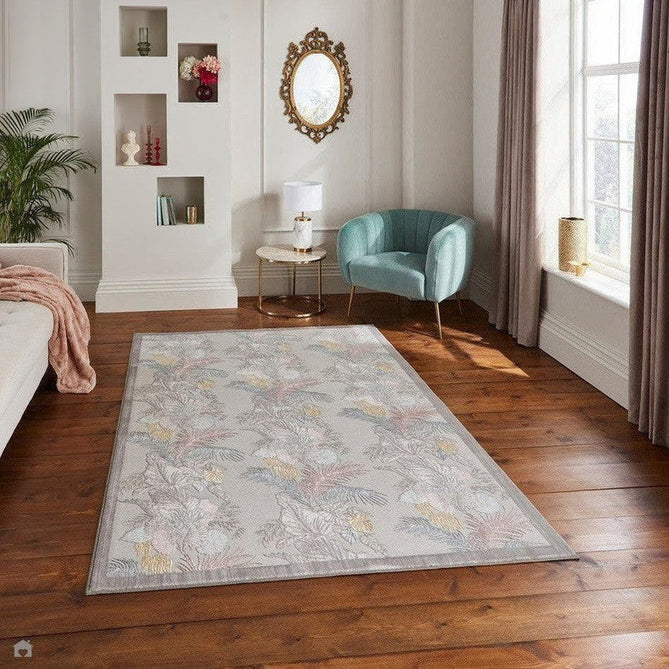 Laurence Llewelyn-Bowen Tropicana Modern Floral Ornate Abstract Border Metallic Shimmer Hi-Lo Textured Soft-Touch Polyester Low Profile Short Pile Pearl/Grey Rug-Think Rugs-Rug Love - The Most Loved Rug Store