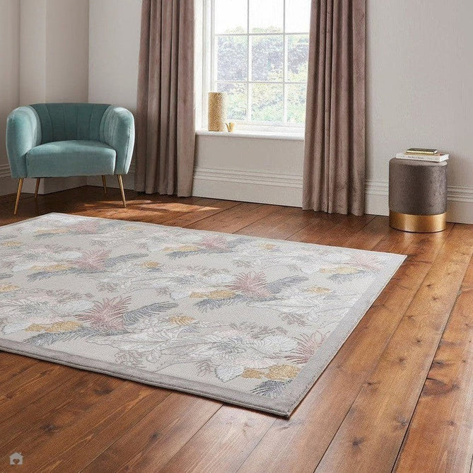 Laurence Llewelyn-Bowen Tropicana Modern Floral Ornate Abstract Border Metallic Shimmer Hi-Lo Textured Soft-Touch Polyester Low Profile Short Pile Pearl/Grey Rug-Think Rugs-Rug Love - The Most Loved Rug Store