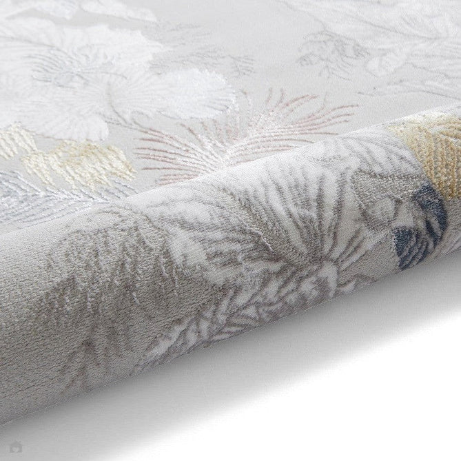 Laurence Llewelyn-Bowen Tropicana Modern Floral Ornate Abstract Border Metallic Shimmer Hi-Lo Textured Soft-Touch Polyester Low Profile Short Pile Pearl/Grey Rug-Think Rugs-Rug Love - The Most Loved Rug Store