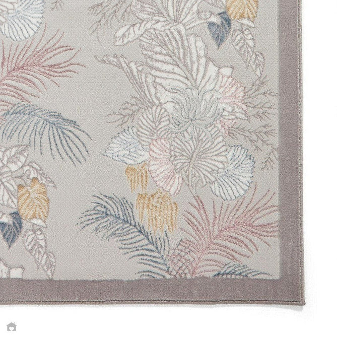 Laurence Llewelyn-Bowen Tropicana Modern Floral Ornate Abstract Border Metallic Shimmer Hi-Lo Textured Soft-Touch Polyester Low Profile Short Pile Pearl/Grey Rug-Think Rugs-Rug Love - The Most Loved Rug Store