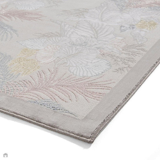Laurence Llewelyn-Bowen Tropicana Modern Floral Ornate Abstract Border Metallic Shimmer Hi-Lo Textured Soft-Touch Polyester Low Profile Short Pile Pearl/Grey Rug-Think Rugs-Rug Love - The Most Loved Rug Store