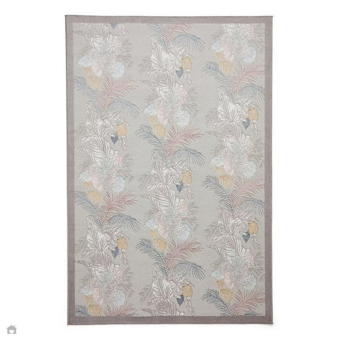 Laurence Llewelyn-Bowen Tropicana Modern Floral Ornate Abstract Border Metallic Shimmer Hi-Lo Textured Soft-Touch Polyester Low Profile Short Pile Pearl/Grey Rug-Think Rugs-Rug Love - The Most Loved Rug Store