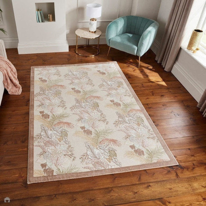 Laurence Llewelyn-Bowen Tropicana Modern Floral Ornate Abstract Border Metallic Shimmer Soft-Touch Smooth Textured Polyester Low Profile Short Pile Beige/Bronze Rug-Think Rugs-Rug Love - The Most Loved Rug Store