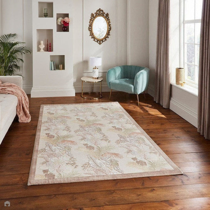 Laurence Llewelyn-Bowen Tropicana Modern Floral Ornate Abstract Border Metallic Shimmer Soft-Touch Smooth Textured Polyester Low Profile Short Pile Beige/Bronze Rug-Think Rugs-Rug Love - The Most Loved Rug Store