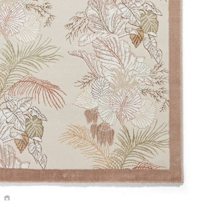 Laurence Llewelyn-Bowen Tropicana Modern Floral Ornate Abstract Border Metallic Shimmer Soft-Touch Smooth Textured Polyester Low Profile Short Pile Beige/Bronze Rug-Think Rugs-Rug Love - The Most Loved Rug Store