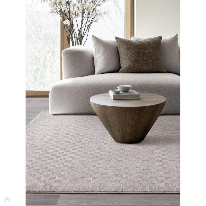 Laurent LA02 Modern Plain Distressed Subtle Geometric Checker Space-Dyed Tonal Textured Soft-Touch Durable Fine Yarn Polyester Low Profile Dense Short Pile Fringe Light Grey/Cream Rug-Asiatic Carpets-Rug Love - The Most Loved Rug Store