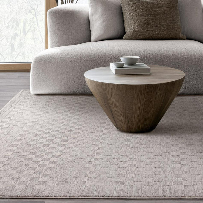 Laurent LA02 Modern Plain Distressed Subtle Geometric Checker Space-Dyed Tonal Textured Soft-Touch Durable Fine Yarn Polyester Low Profile Dense Short Pile Fringe Light Grey/Cream Rug-Asiatic Carpets-Rug Love - The Most Loved Rug Store