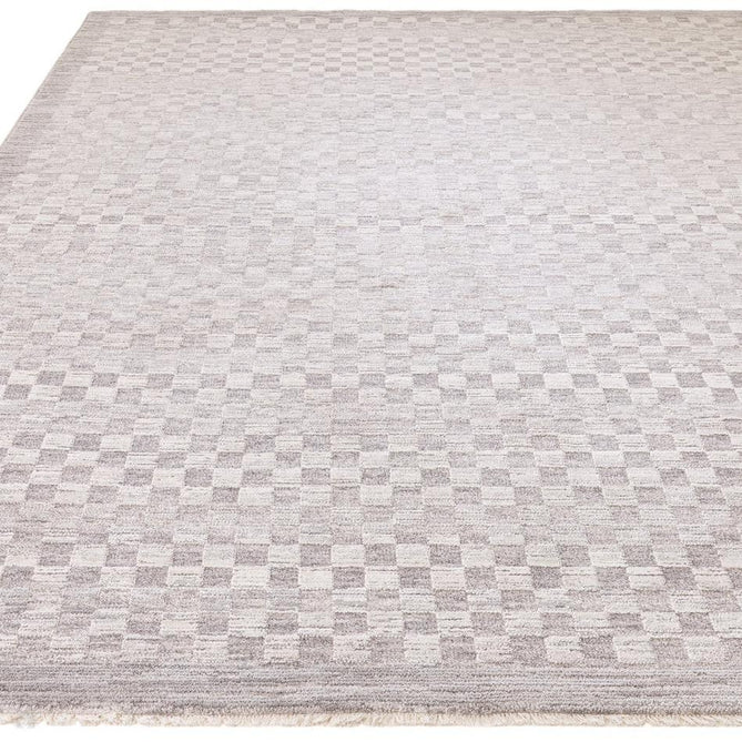 Laurent LA02 Modern Plain Distressed Subtle Geometric Checker Space-Dyed Tonal Textured Soft-Touch Durable Fine Yarn Polyester Low Profile Dense Short Pile Fringe Light Grey/Cream Rug-Asiatic Carpets-Rug Love - The Most Loved Rug Store