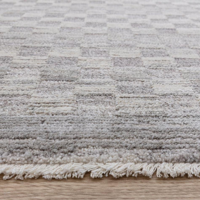 Laurent LA02 Modern Plain Distressed Subtle Geometric Checker Space-Dyed Tonal Textured Soft-Touch Durable Fine Yarn Polyester Low Profile Dense Short Pile Fringe Light Grey/Cream Rug-Asiatic Carpets-Rug Love - The Most Loved Rug Store