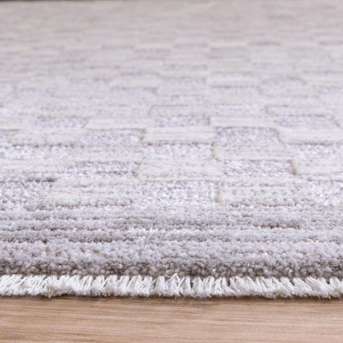 Laurent LA02 Modern Plain Distressed Subtle Geometric Checker Space-Dyed Tonal Textured Soft-Touch Durable Fine Yarn Polyester Low Profile Dense Short Pile Fringe Light Grey/Cream Rug-Asiatic Carpets-Rug Love - The Most Loved Rug Store